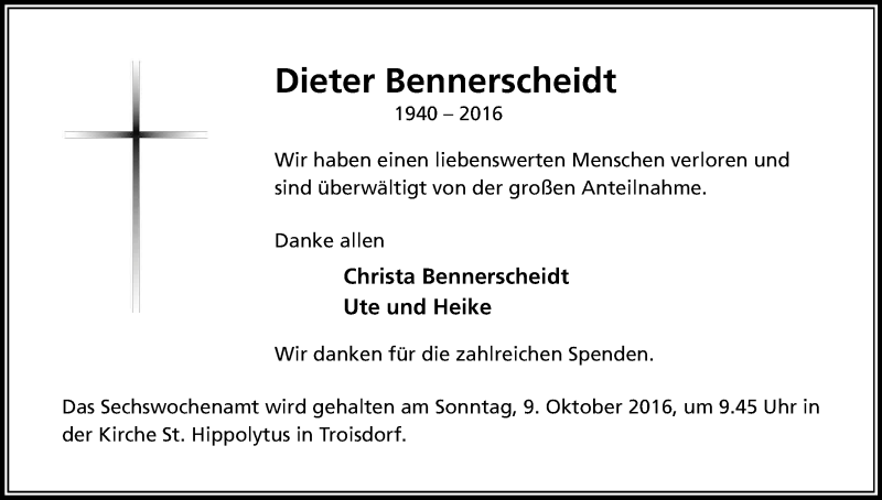  Traueranzeige für Dieter Bennerscheidt vom 30.09.2016 aus Kölner Stadt-Anzeiger / Kölnische Rundschau / Express