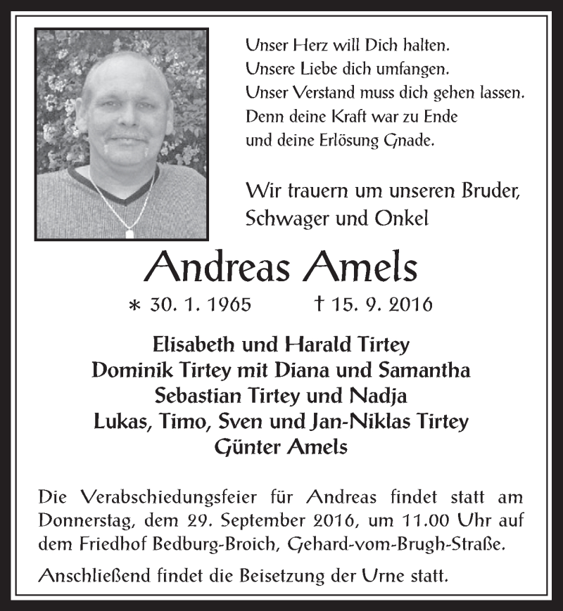  Traueranzeige für Andreas Amels vom 28.09.2016 aus  Werbepost 
