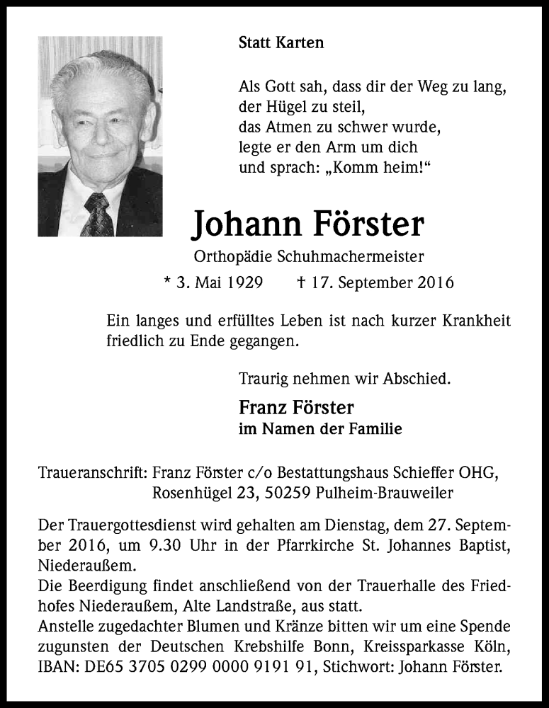  Traueranzeige für Johann Förster vom 24.09.2016 aus Kölner Stadt-Anzeiger / Kölnische Rundschau / Express