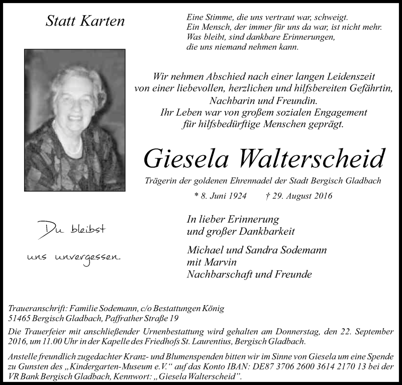  Traueranzeige für Giesela Walterscheid vom 17.09.2016 aus Kölner Stadt-Anzeiger / Kölnische Rundschau / Express