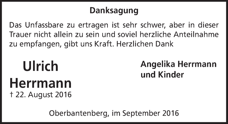  Traueranzeige für Ulrich Herrmann vom 28.09.2016 aus  Anzeigen Echo 