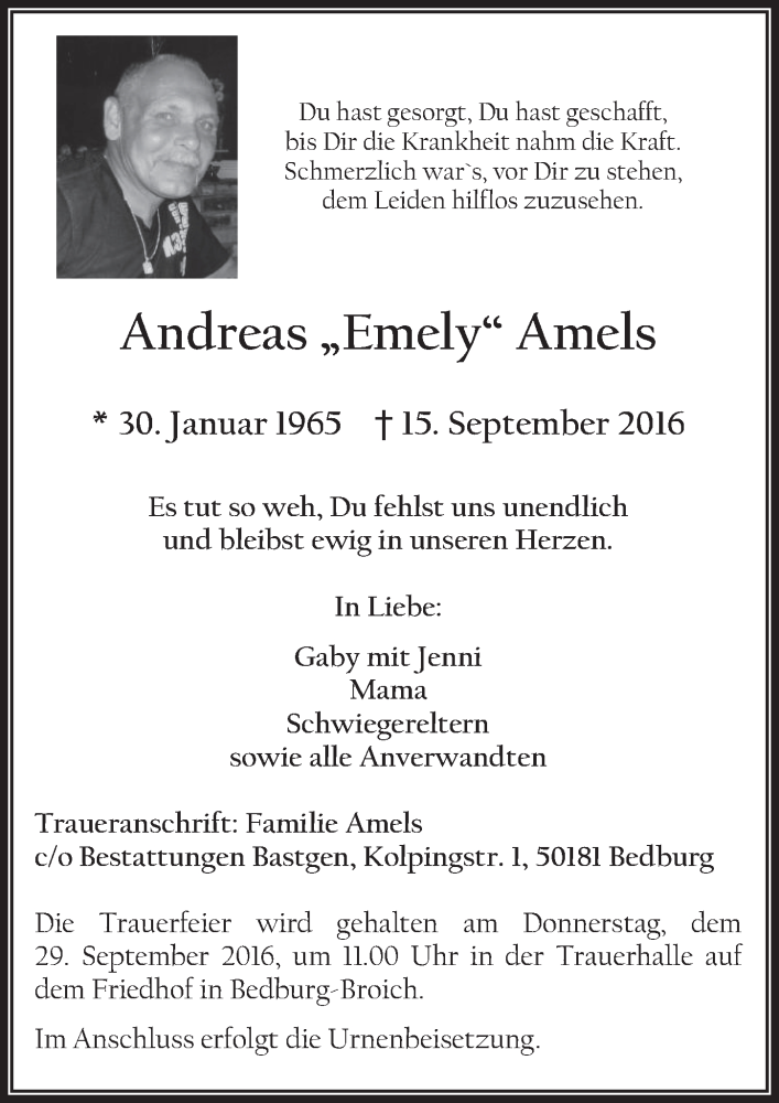  Traueranzeige für Andreas Amels vom 28.09.2016 aus  Werbepost 