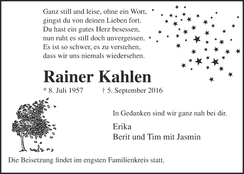  Traueranzeige für Rainer Kahlen vom 10.09.2016 aus  Blickpunkt Euskirchen 