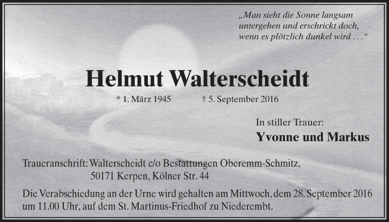  Traueranzeige für Helmut Walterscheidt vom 24.09.2016 aus  Sonntags-Post 