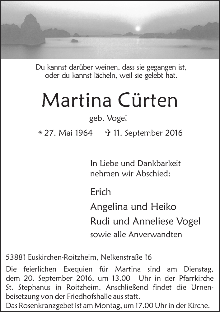  Traueranzeige für Martina Cürten vom 17.09.2016 aus  Blickpunkt Euskirchen 