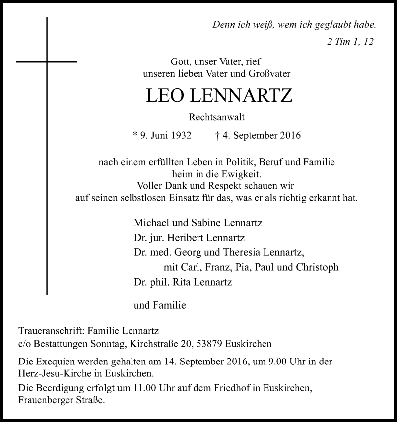  Traueranzeige für Leo Lennartz vom 08.09.2016 aus Kölner Stadt-Anzeiger / Kölnische Rundschau / Express
