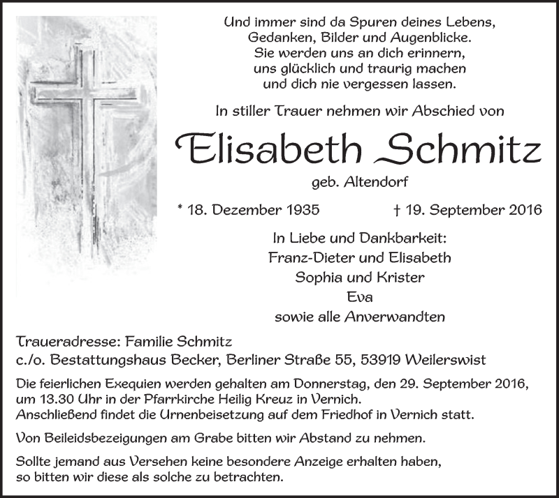  Traueranzeige für Elisabeth Schmitz vom 24.09.2016 aus  Blickpunkt Euskirchen 