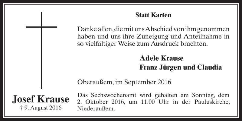  Traueranzeige für Josef Krause vom 28.09.2016 aus  Werbepost 