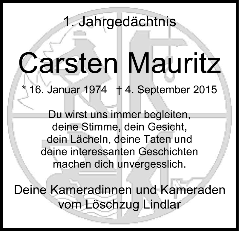  Traueranzeige für Carsten Mauritz vom 03.09.2016 aus Kölner Stadt-Anzeiger / Kölnische Rundschau / Express