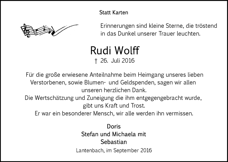  Traueranzeige für Rudi Wolff vom 07.09.2016 aus  Anzeigen Echo 