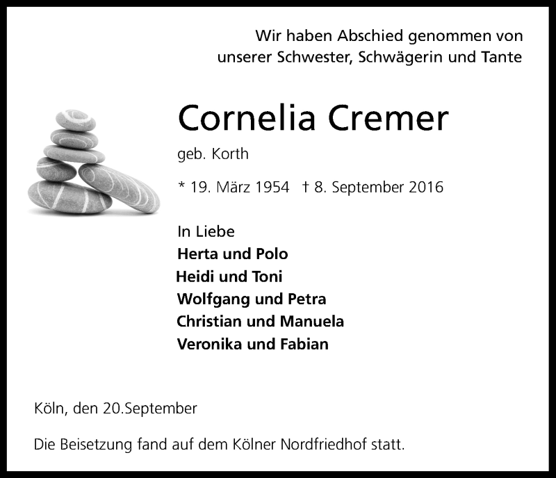  Traueranzeige für Cornelia Cremer vom 26.09.2016 aus Kölner Stadt-Anzeiger / Kölnische Rundschau / Express