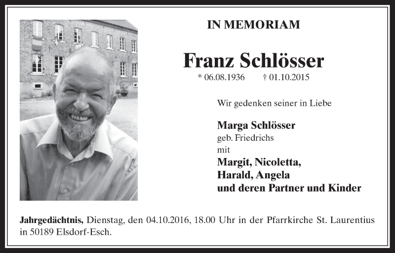  Traueranzeige für Franz Schlösser vom 28.09.2016 aus  Werbepost 