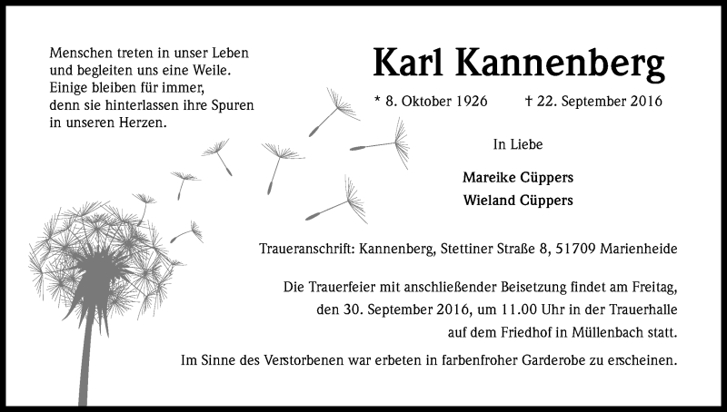 Traueranzeige für Karl Kannenberg vom 26.09.2016 aus Kölner Stadt-Anzeiger / Kölnische Rundschau / Express