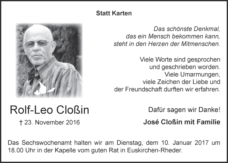  Traueranzeige für Rolf-Leo Cloßin vom 07.01.2017 aus  Blickpunkt Euskirchen 