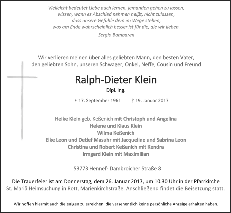  Traueranzeige für Ralph Klein vom 23.01.2017 aus Kölner Stadt-Anzeiger / Kölnische Rundschau / Express