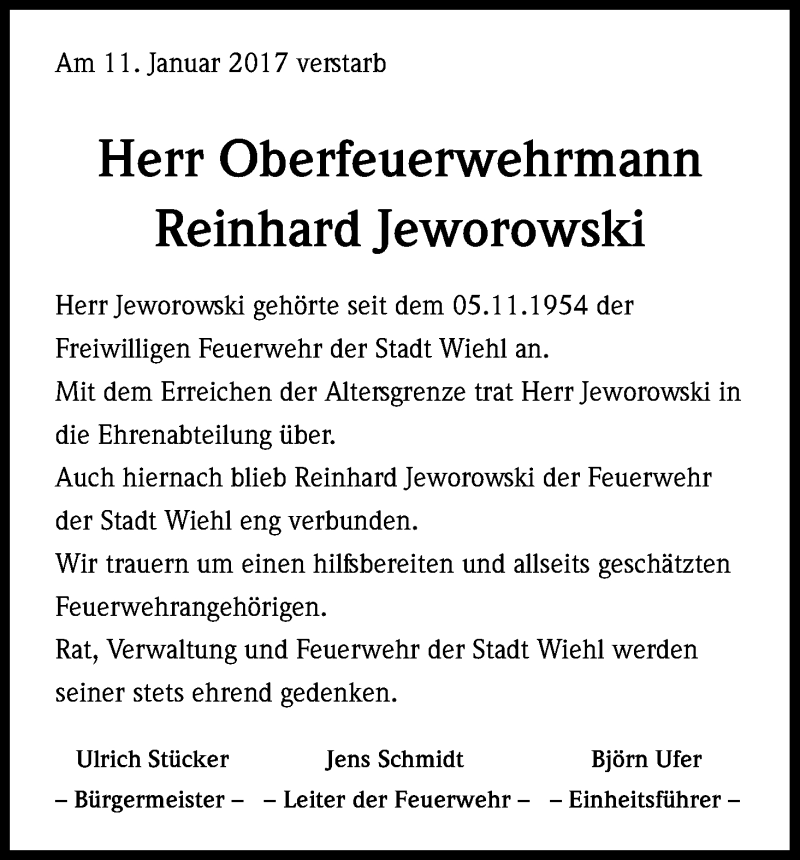  Traueranzeige für Reinhard Jeworowski vom 21.01.2017 aus Kölner Stadt-Anzeiger / Kölnische Rundschau / Express