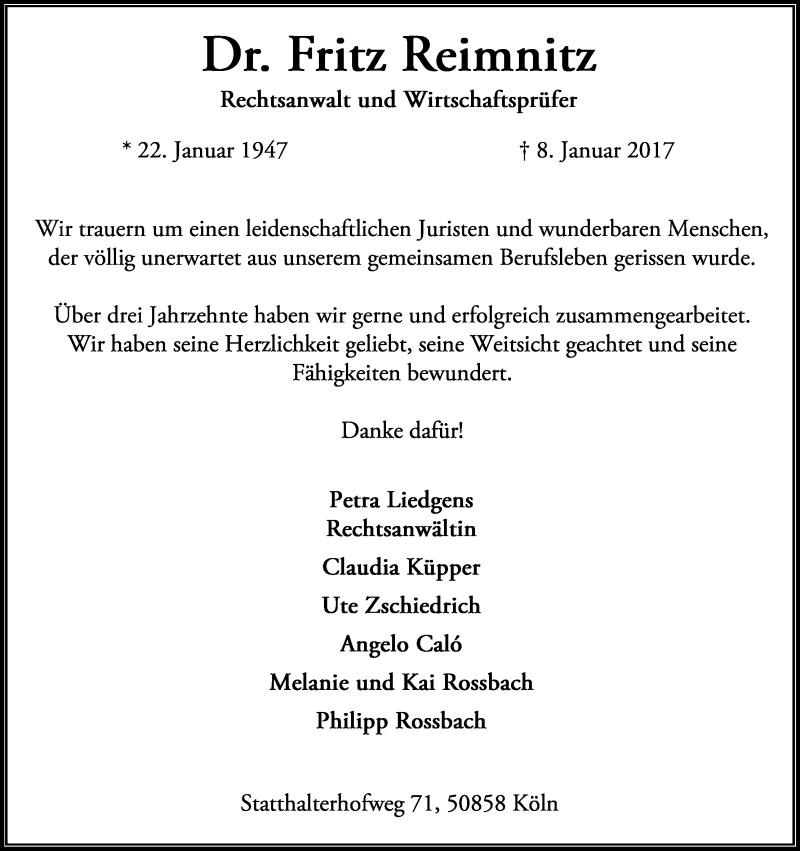  Traueranzeige für Fritz Reimnitz vom 14.01.2017 aus Kölner Stadt-Anzeiger / Kölnische Rundschau / Express