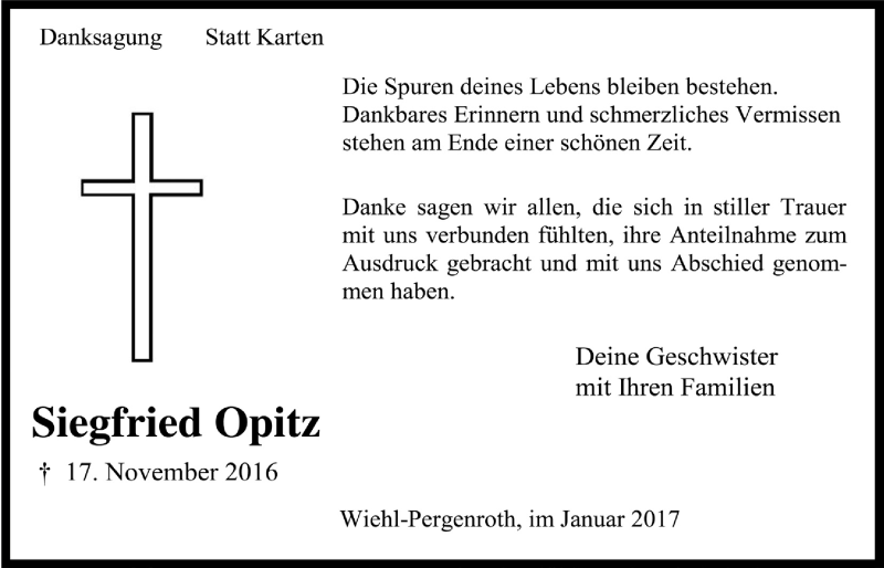  Traueranzeige für Siegfried Opitz vom 11.01.2017 aus  Anzeigen Echo 