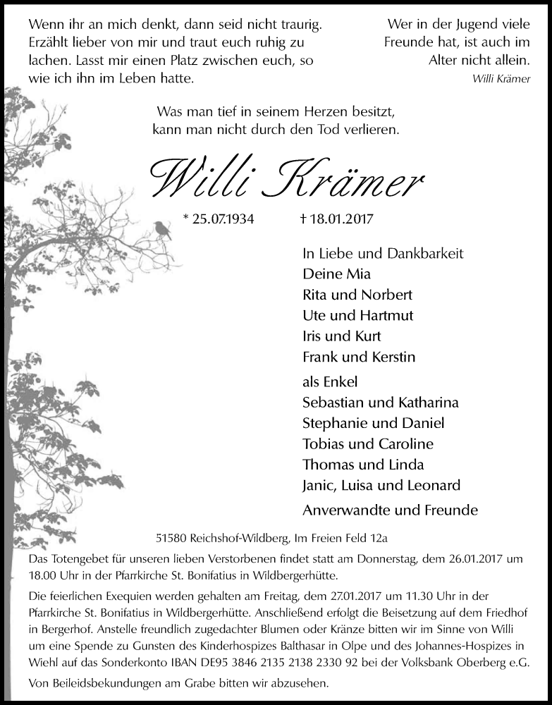  Traueranzeige für Willi Krämer vom 23.01.2017 aus Kölner Stadt-Anzeiger / Kölnische Rundschau / Express