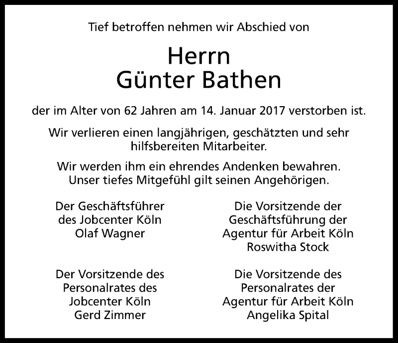  Traueranzeige für Günter Bathen vom 19.01.2017 aus Kölner Stadt-Anzeiger / Kölnische Rundschau / Express