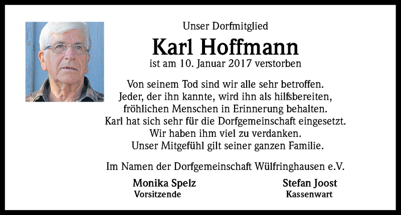 Traueranzeige für Karl Hoffmann vom 17.01.2017 aus Kölner Stadt-Anzeiger / Kölnische Rundschau / Express