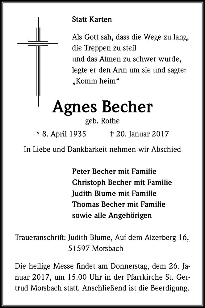  Traueranzeige für Agnes Becher vom 23.01.2017 aus Kölner Stadt-Anzeiger / Kölnische Rundschau / Express
