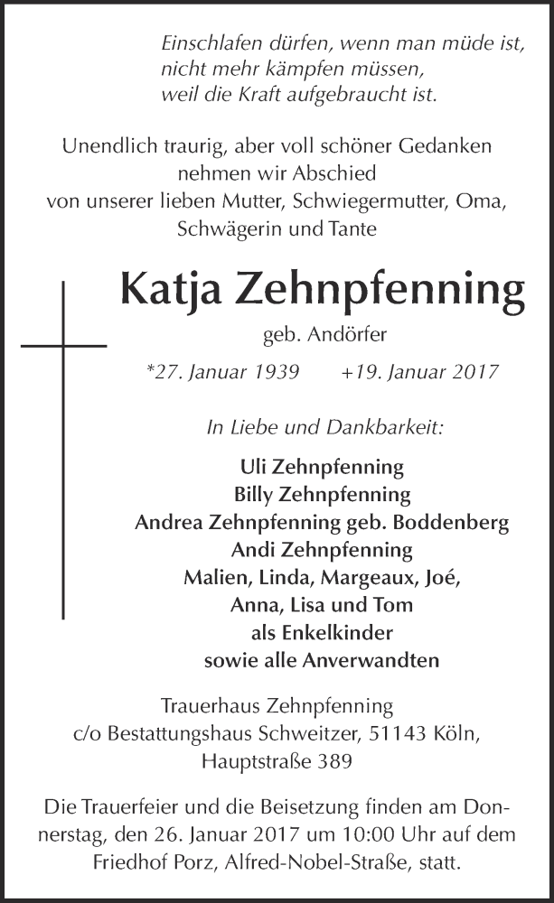  Traueranzeige für Katja Zehnpfenning vom 25.01.2017 aus  Kölner Wochenspiegel 