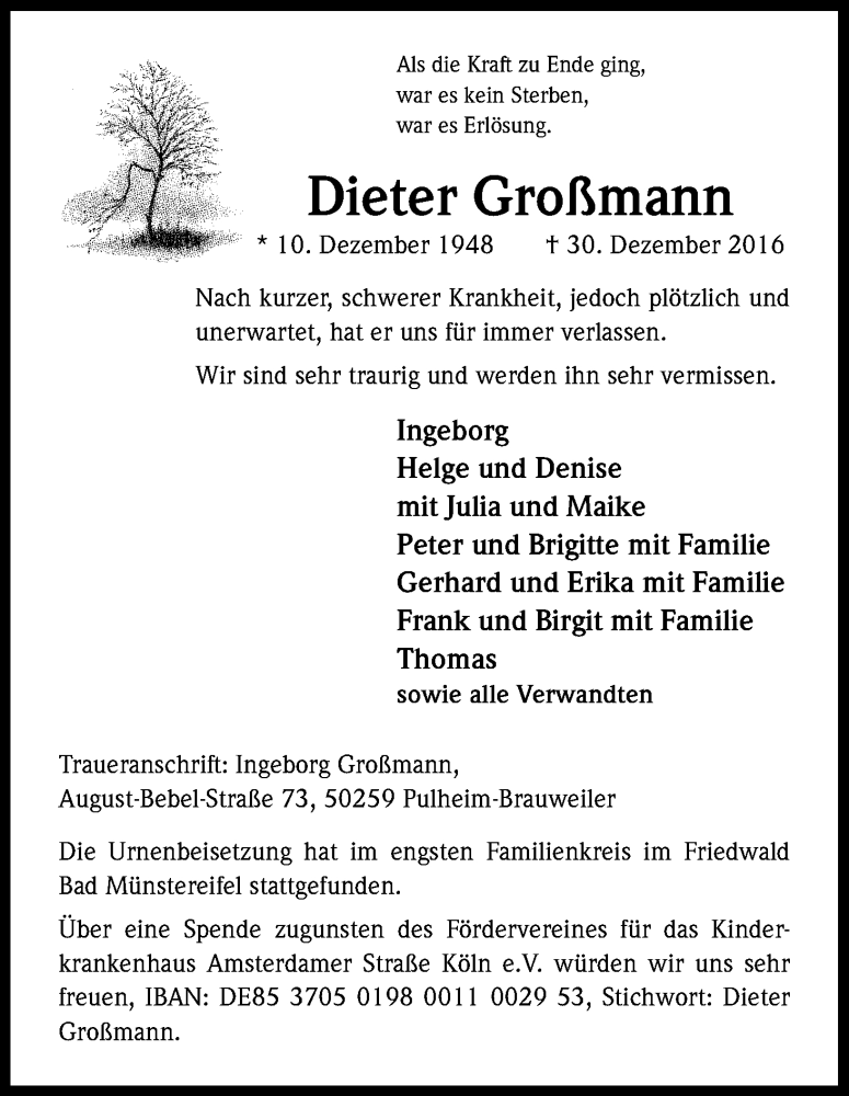  Traueranzeige für Dieter Großmann vom 21.01.2017 aus Kölner Stadt-Anzeiger / Kölnische Rundschau / Express