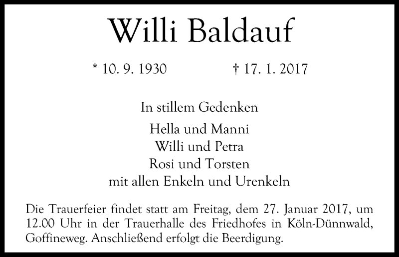  Traueranzeige für Willi Baldauf vom 21.01.2017 aus Kölner Stadt-Anzeiger / Kölnische Rundschau / Express
