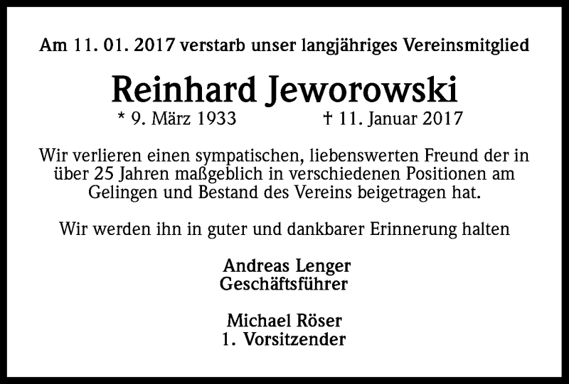  Traueranzeige für Reinhard Jeworowski vom 17.01.2017 aus Kölner Stadt-Anzeiger / Kölnische Rundschau / Express