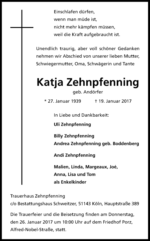  Traueranzeige für Katja Zehnpfenning vom 23.01.2017 aus Kölner Stadt-Anzeiger / Kölnische Rundschau / Express