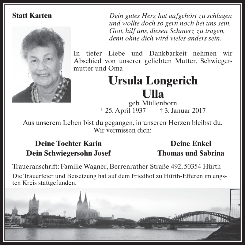  Traueranzeige für Ursula Longerich vom 11.01.2017 aus  Wochenende 