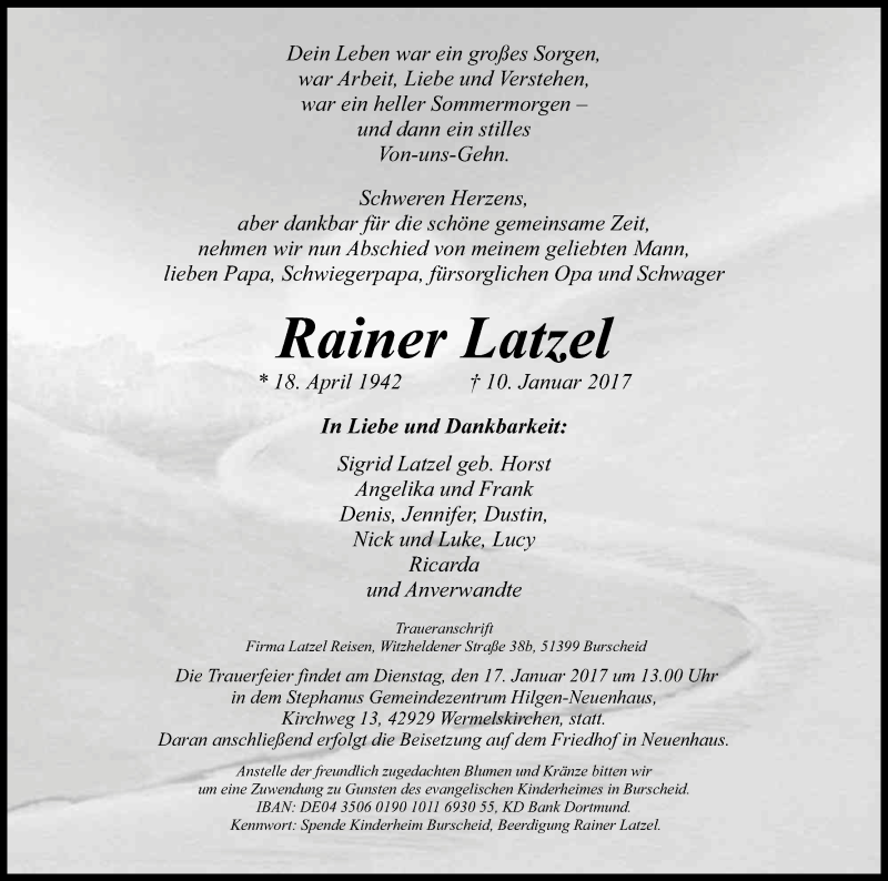 Traueranzeige für Rainer Latzel vom 14.01.2017 aus Kölner Stadt-Anzeiger / Kölnische Rundschau / Express