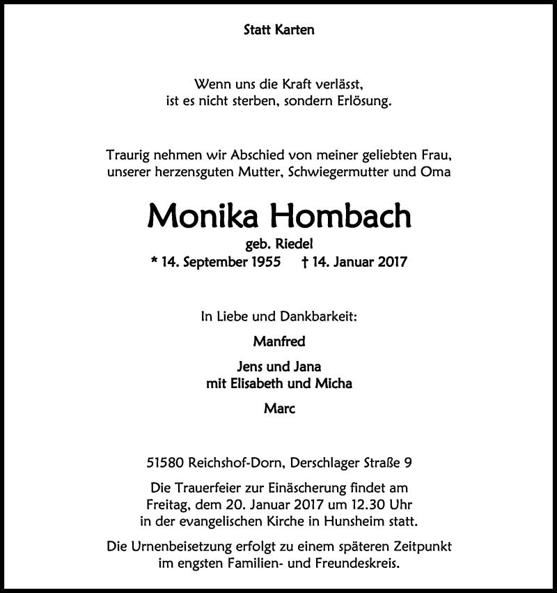  Traueranzeige für Monika Hornbach vom 17.01.2017 aus Kölner Stadt-Anzeiger / Kölnische Rundschau / Express