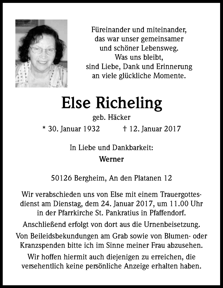  Traueranzeige für Else Richeling vom 21.01.2017 aus Kölner Stadt-Anzeiger / Kölnische Rundschau / Express