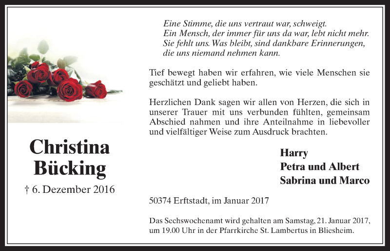  Traueranzeige für Christina Bücking vom 18.01.2017 aus  Werbepost 