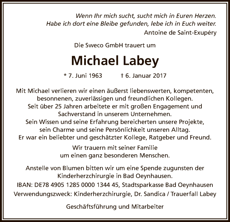  Traueranzeige für Michael Labey vom 16.01.2017 aus Kölner Stadt-Anzeiger / Kölnische Rundschau / Express