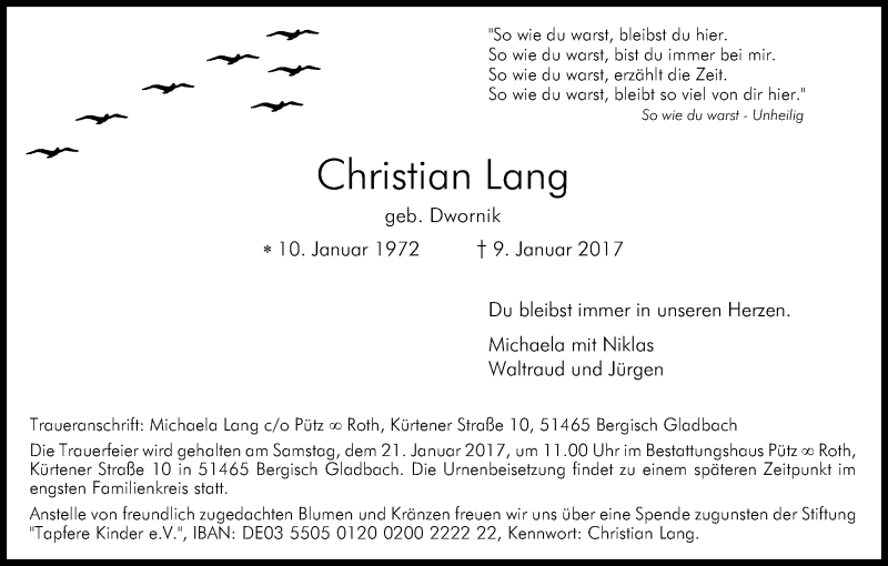  Traueranzeige für Christian Lang vom 17.01.2017 aus Kölner Stadt-Anzeiger / Kölnische Rundschau / Express