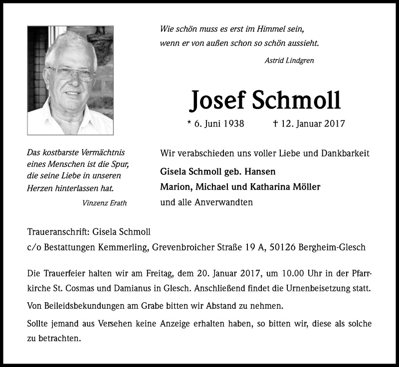  Traueranzeige für Josef Schmoll vom 17.01.2017 aus Kölner Stadt-Anzeiger / Kölnische Rundschau / Express