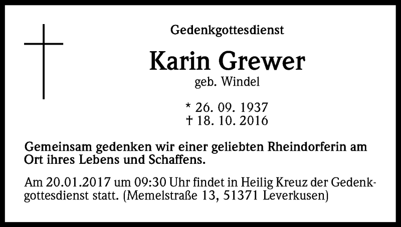  Traueranzeige für Karin Grewer vom 14.01.2017 aus Kölner Stadt-Anzeiger / Kölnische Rundschau / Express