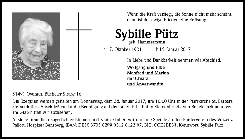 Traueranzeige für Sybille Pütz vom 21.01.2017 aus Kölner Stadt-Anzeiger / Kölnische Rundschau / Express