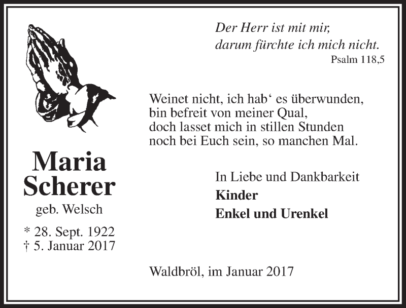  Traueranzeige für Maria Scherer vom 11.01.2017 aus  Lokalanzeiger 