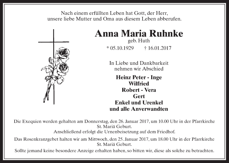  Traueranzeige für Anna Maria Ruhnke vom 25.01.2017 aus  Werbepost 