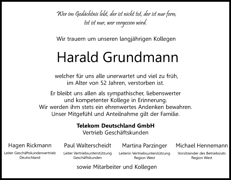  Traueranzeige für Harald Grundmann vom 21.01.2017 aus Kölner Stadt-Anzeiger / Kölnische Rundschau / Express