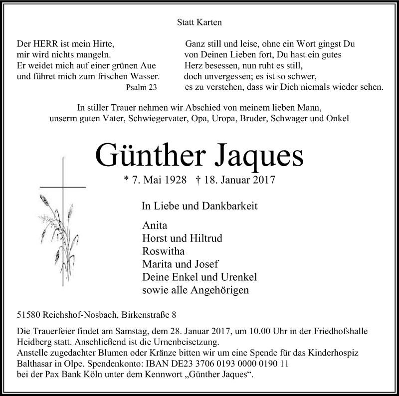  Traueranzeige für Günther Jaques vom 23.01.2017 aus Kölner Stadt-Anzeiger / Kölnische Rundschau / Express