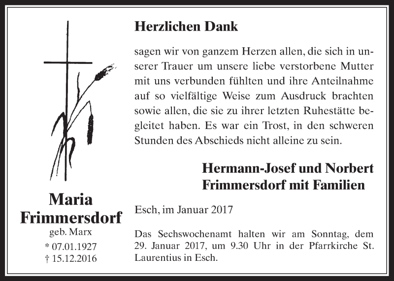  Traueranzeige für Maria Frimmersdorf vom 25.01.2017 aus  Werbepost 