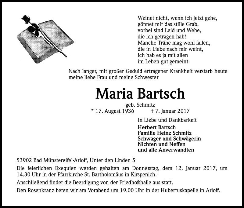 Traueranzeige für Maria Bartsch vom 10.01.2017 aus Kölner Stadt-Anzeiger / Kölnische Rundschau / Express