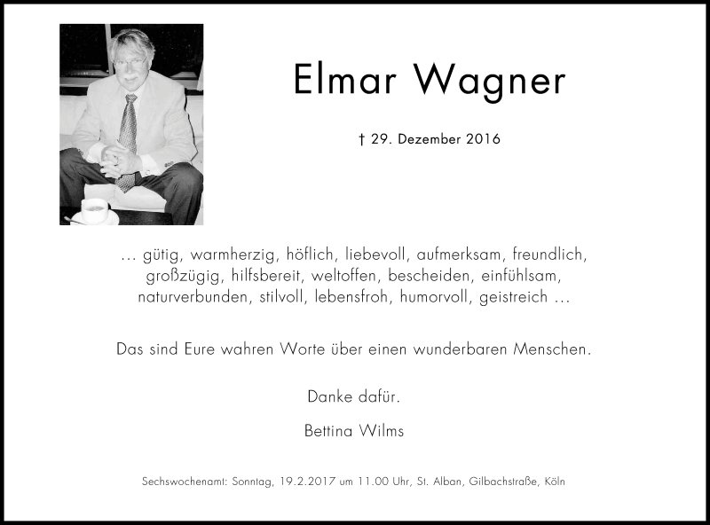  Traueranzeige für Elmar Wagner vom 23.01.2017 aus Kölner Stadt-Anzeiger / Kölnische Rundschau / Express