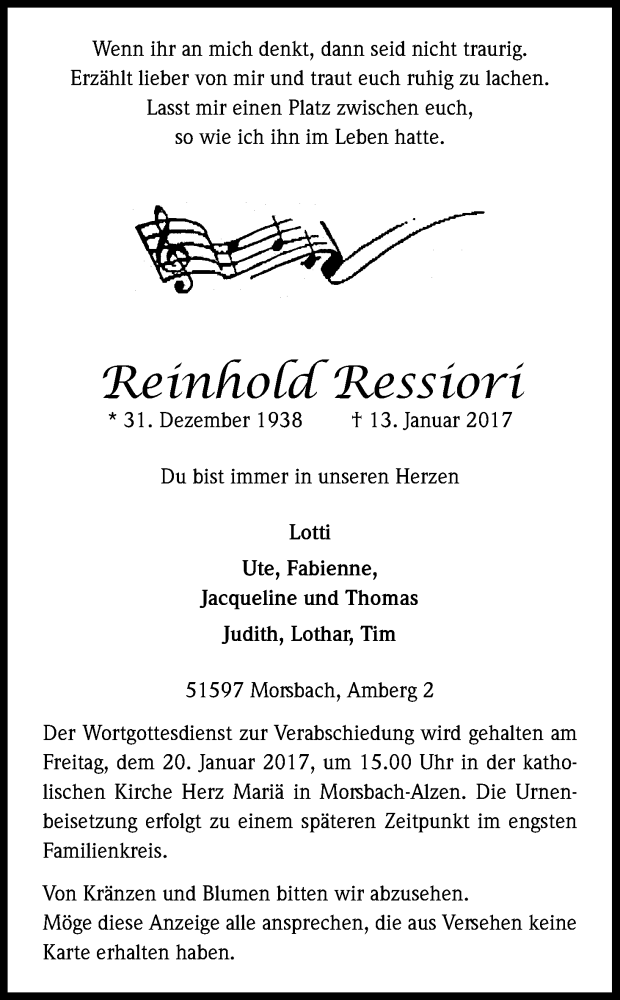  Traueranzeige für Reinhold Ressiori vom 18.01.2017 aus Kölner Stadt-Anzeiger / Kölnische Rundschau / Express