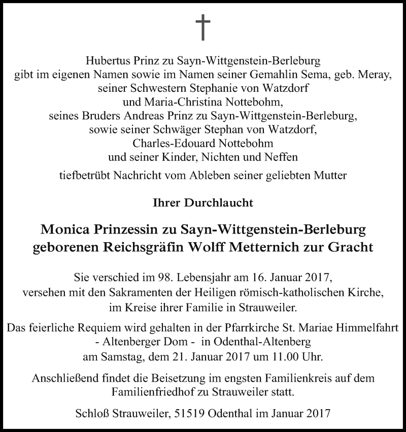  Traueranzeige für Monica  Prinzessin zu Sayn-Wittgenstein-Berleburg vom 19.01.2017 aus Kölner Stadt-Anzeiger / Kölnische Rundschau / Express